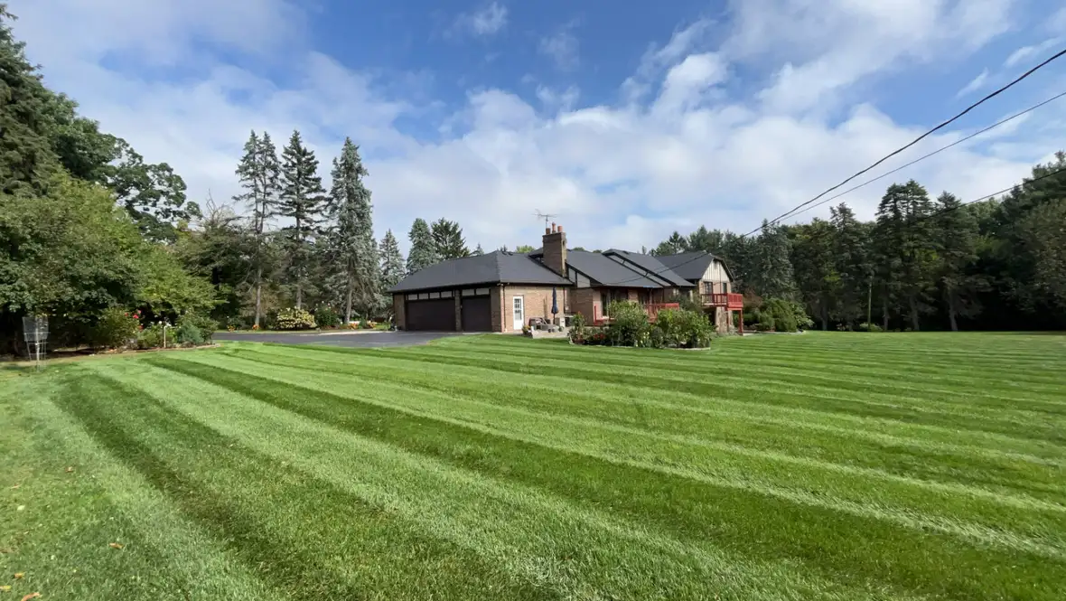 Fall lawn cleanup with maintained beds and turf