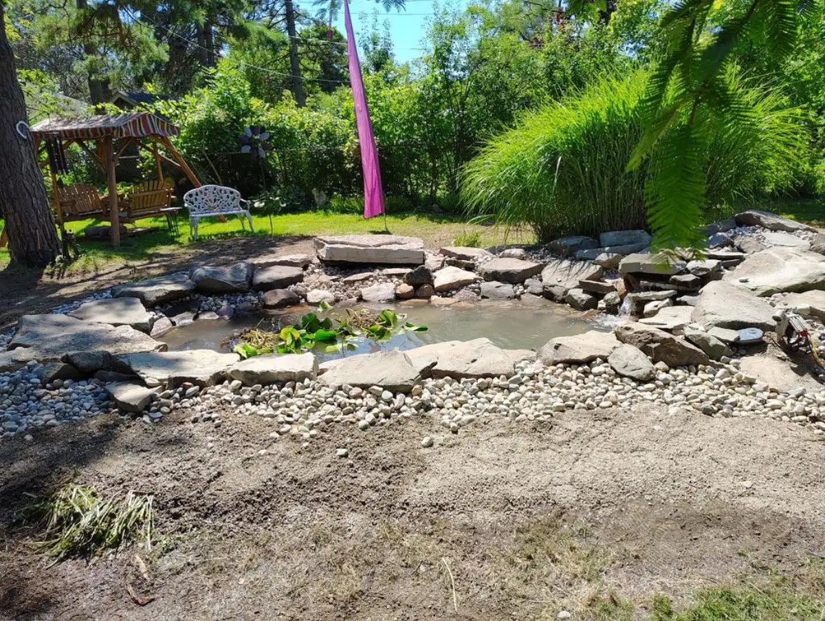 Newly installed residential backyard pond with natural stone edging